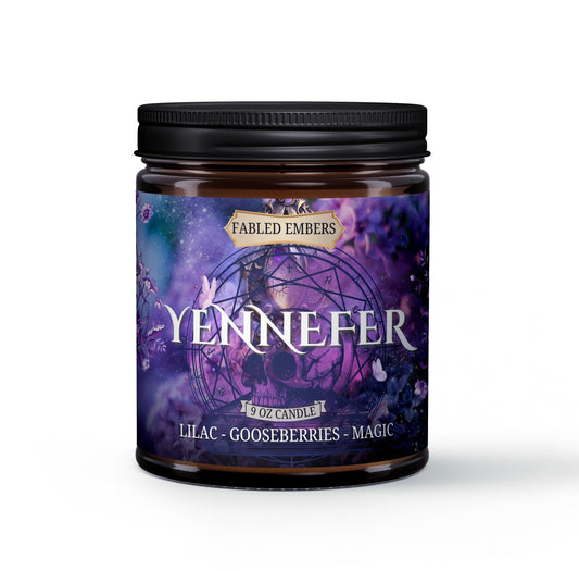 Yennefer candle smells like lilac and gooseberries 9oz amber glass jar coconut soy candle gamers and fans