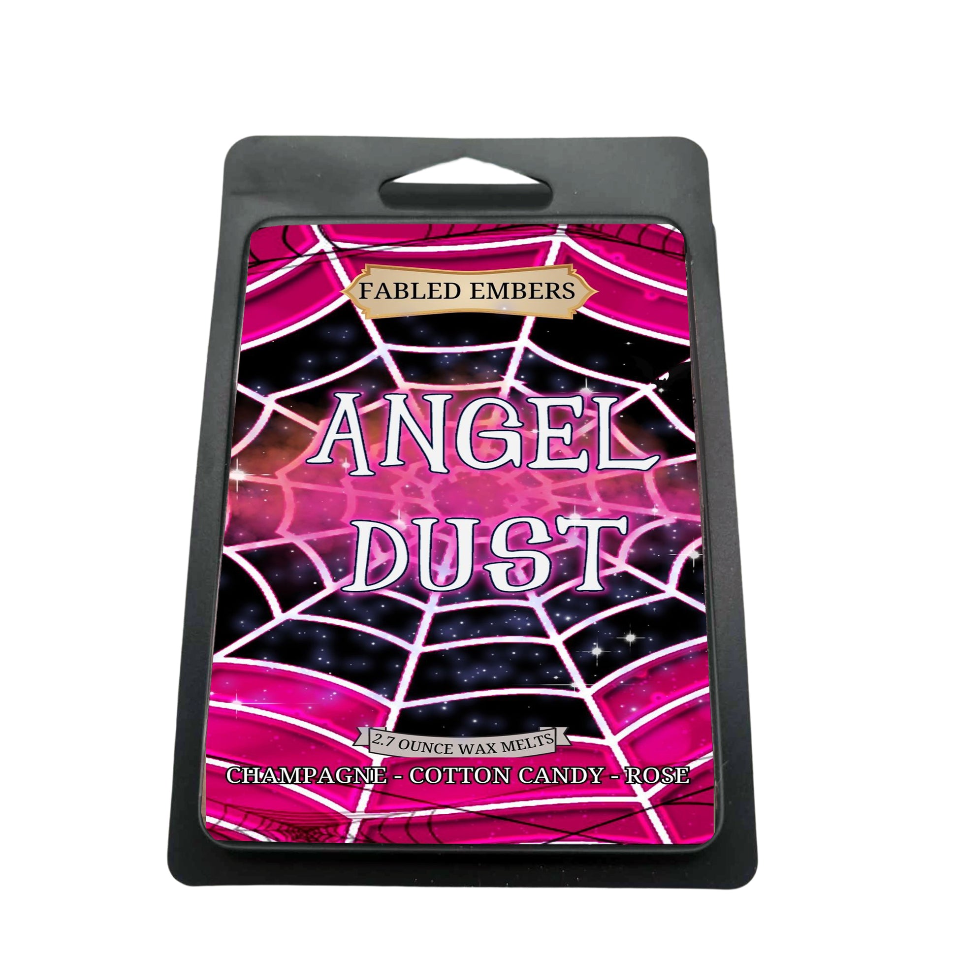 Angel Dust Smells like Champagne Cotton Candy Rose and Pomegranates. Sweet. Hazbin Hotel. 2.7 oz wax melt in a matte black clamshell