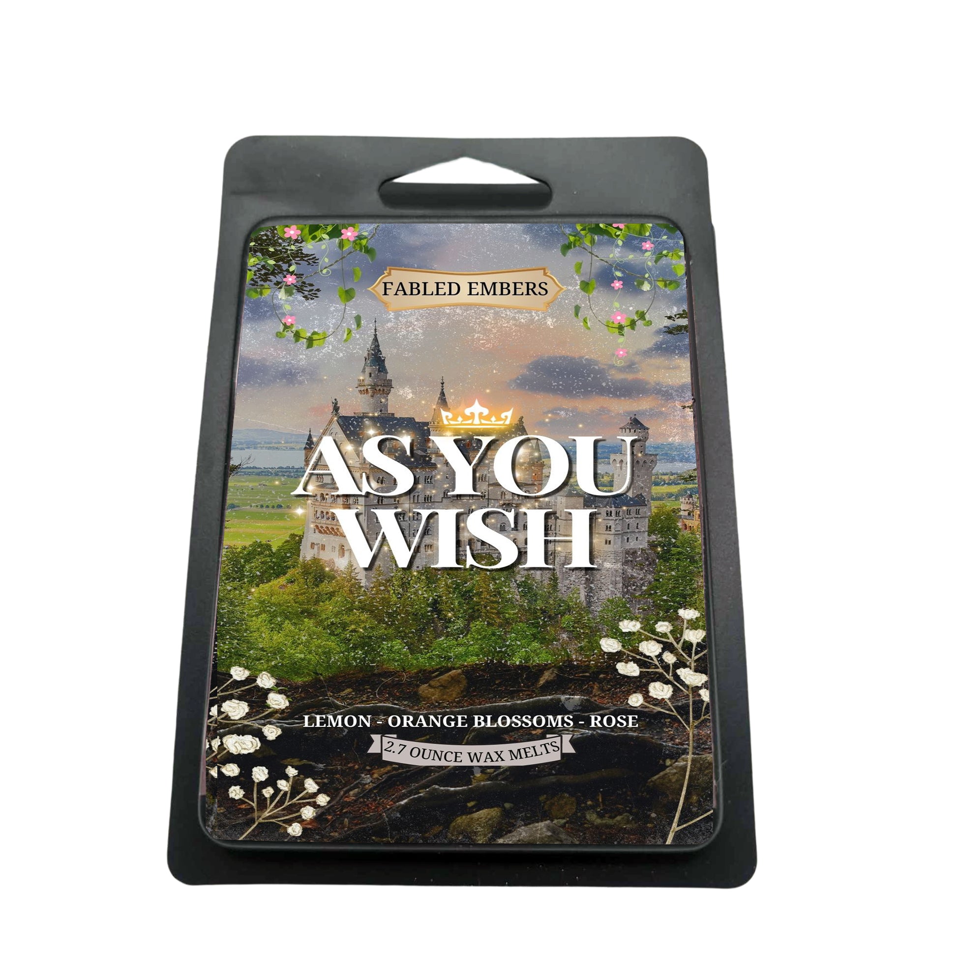 Bookish soy wax melts  in black clamshell.  As you wish for your tru wuv. Princess Bride inspired. AS YOU WISH --  lemon + orange blossoms + rose. Nostalgia 80s princess bride