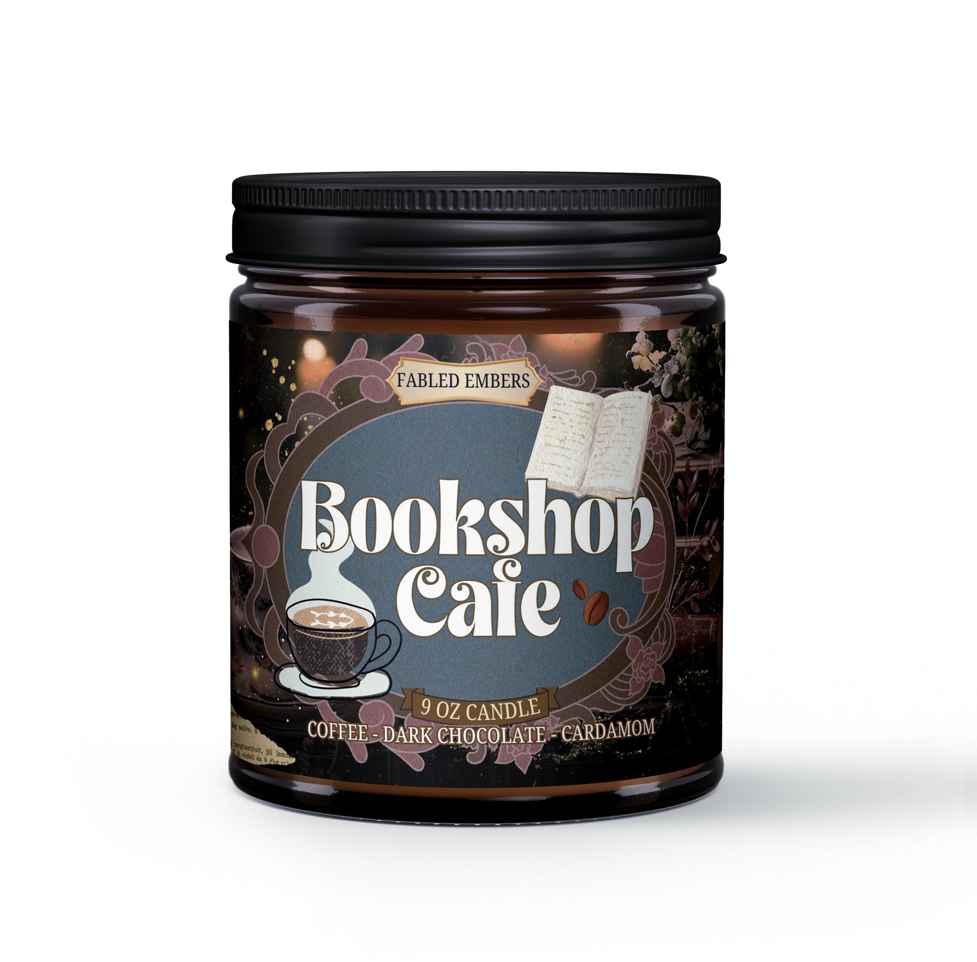 Bookshop Cafe candle smells like a cafe - dark chocolate and coffee and cardamom cream. 9 ounce coconut soy candle