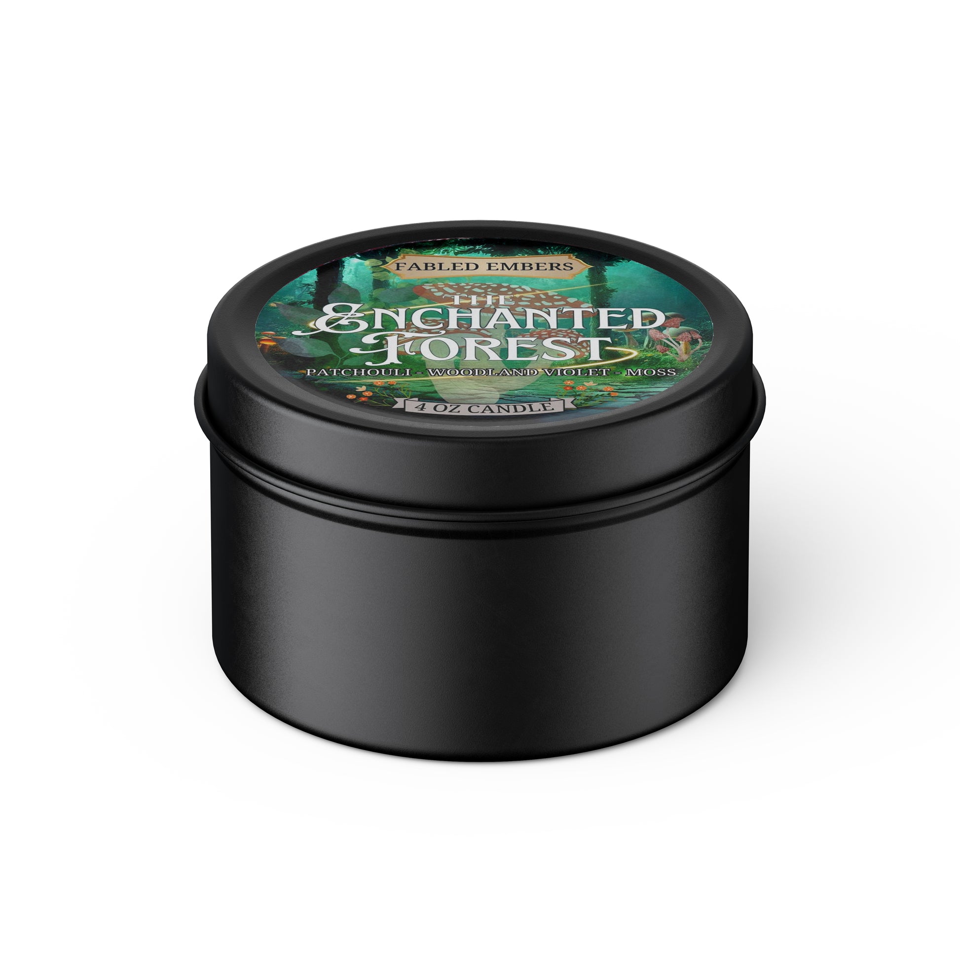 ENCHANTED FOREST smells like moss and mist with patchouli and woodland rose. 4oz coconut soy wax candle in a matte black tin. 