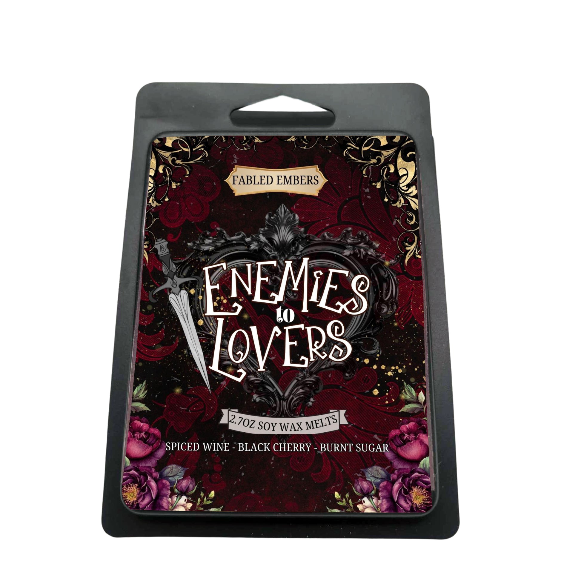 ENEMIES TO LOVERS trope literary wax melts  for book lovers, smells like black cherries and chai spices in a black matte clamshell, soy wax