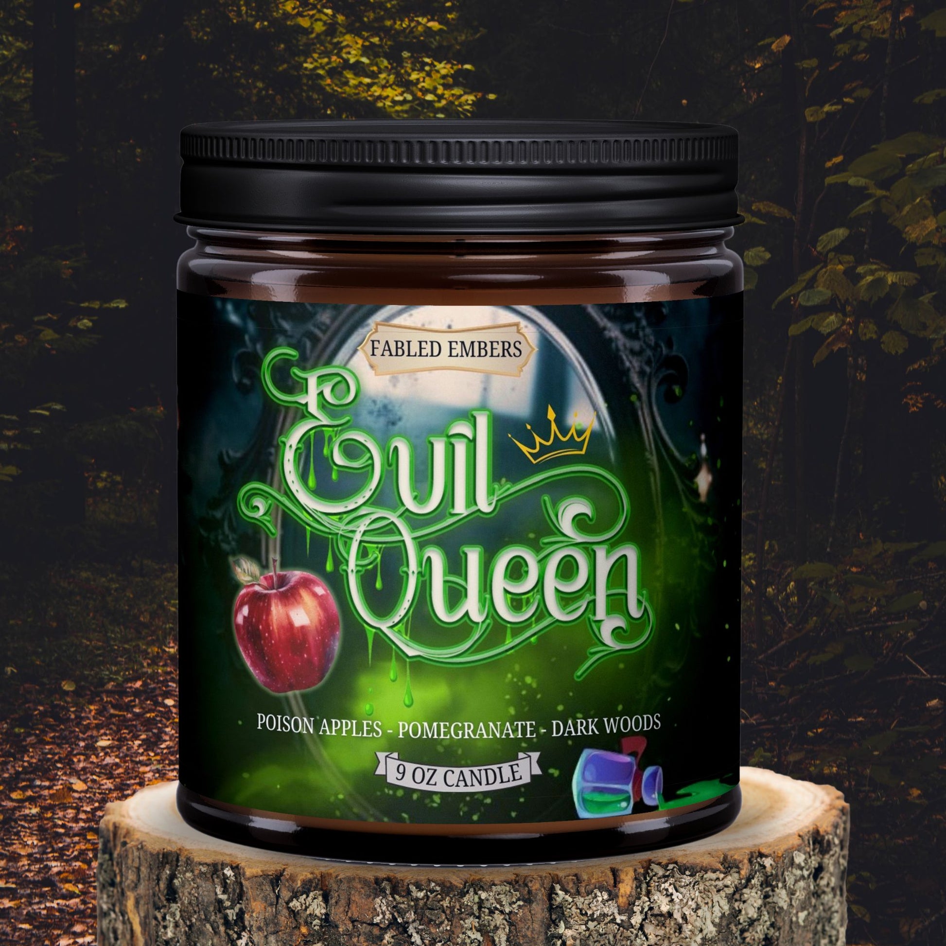 EVIL QUEEN Candle in amber glass jar with a story book cover type label, bookshelf decor, for readers and book lovers, smells like apples and cherry pomegranate 