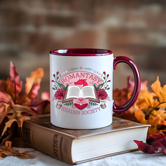 ROMANTACY Reader's Society Dark Red and White 15 ounce Cermanic Mug for book lovers!