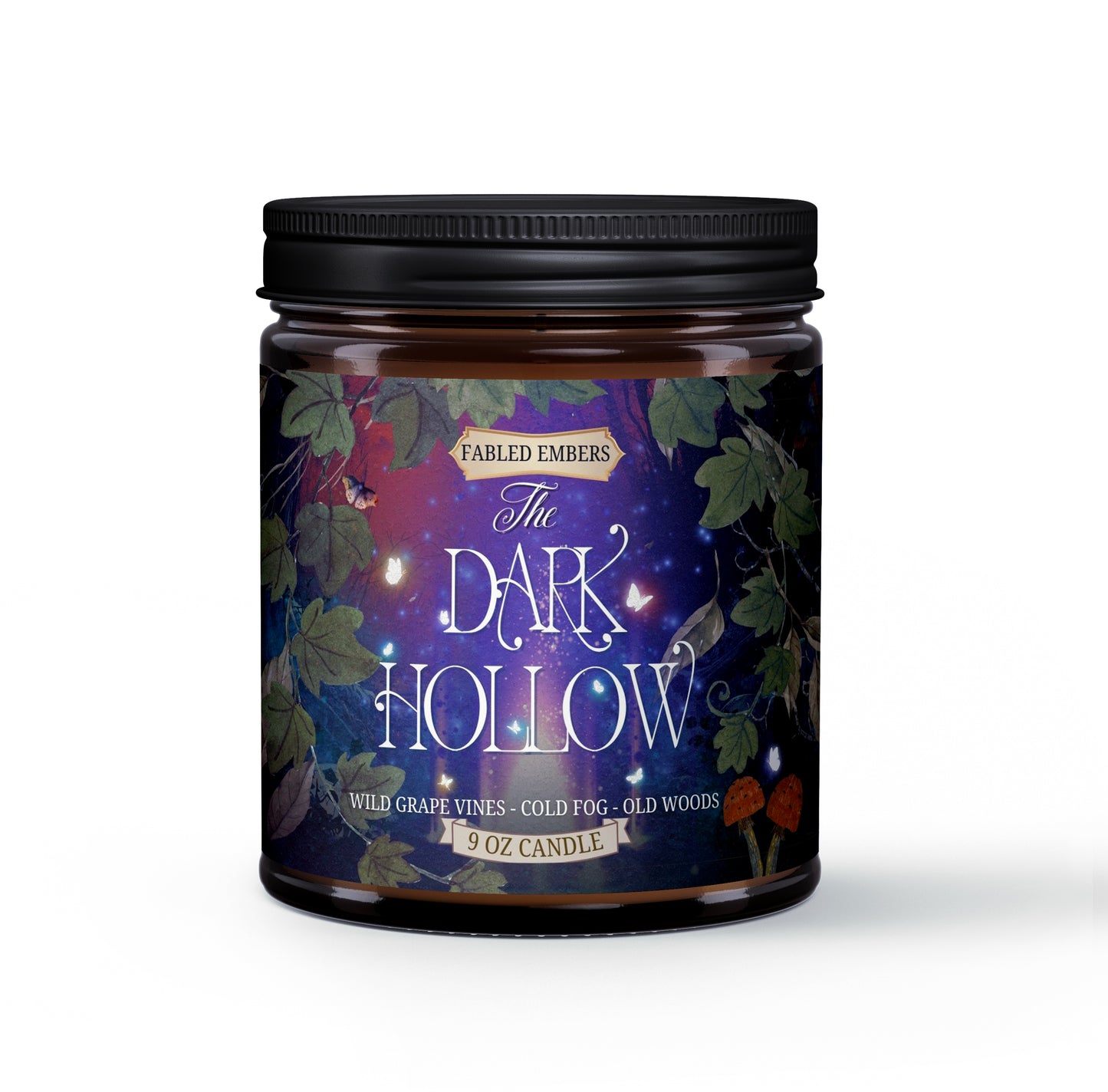 The Dark Hollow dark cozy cottagecore candle smells like grape vines and woods 9 oz amber glass jar