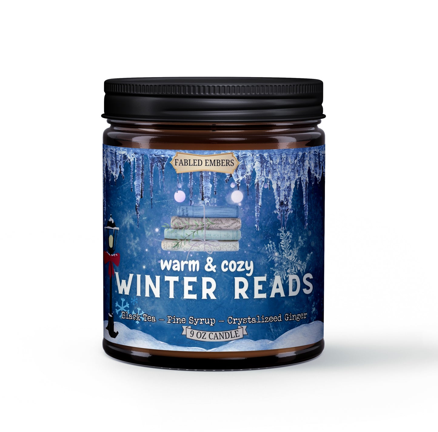 WINTER READS 9oz coconut soy wax candle in an amber glass jar. Smells like spiced winter tea