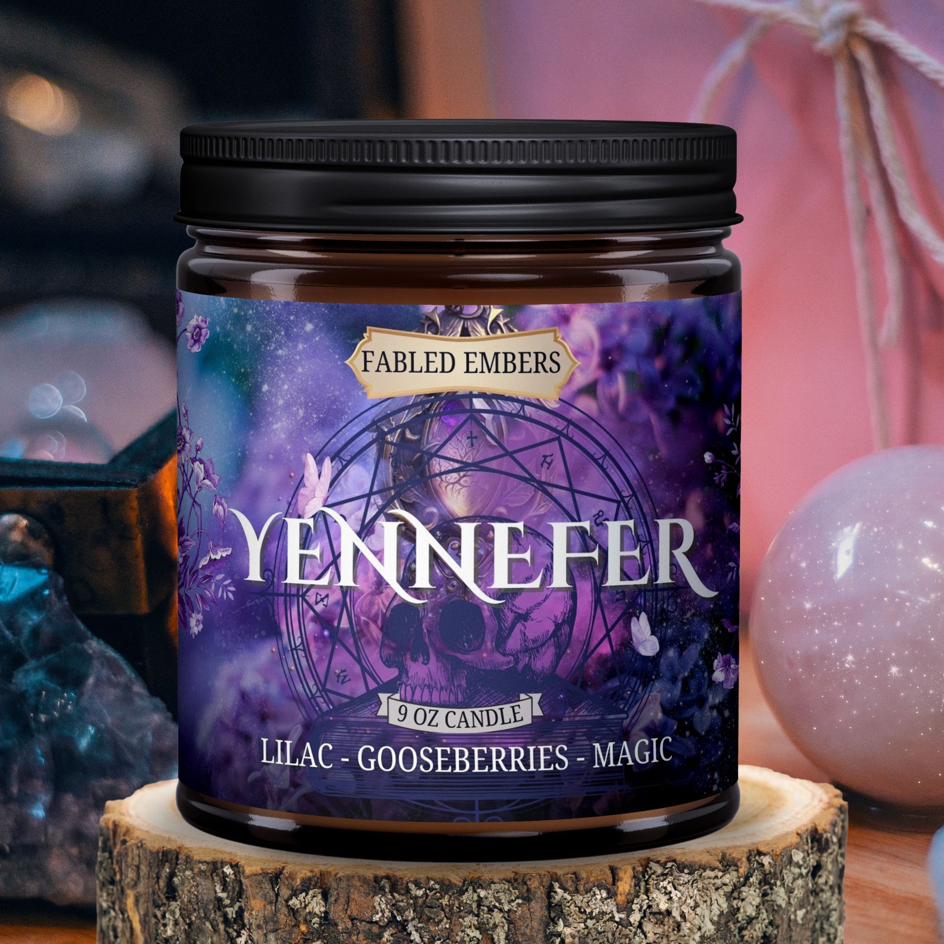 Yennefer candle smells like lilac and gooseberries 9oz amber glass jar coconut soy candle gamers and fans